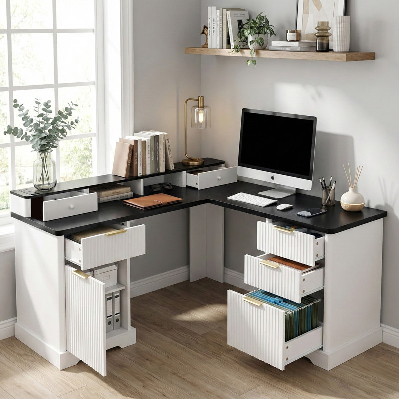 59" Modern Fluted L-Shaped Desk with Charging Station & Storage Cabinet - Home Office Computer Desk with Monitor Stand, File Drawer and Removable Support Shelf for Study, Home Office, White