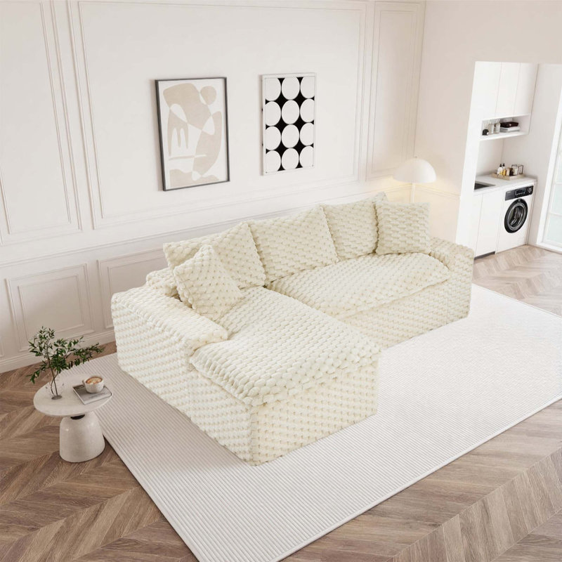 White Turtle-patterned Velvet Fully Upholstered Sofa, Left-facing L-shape, White Polyurethane, Left Hand Facing