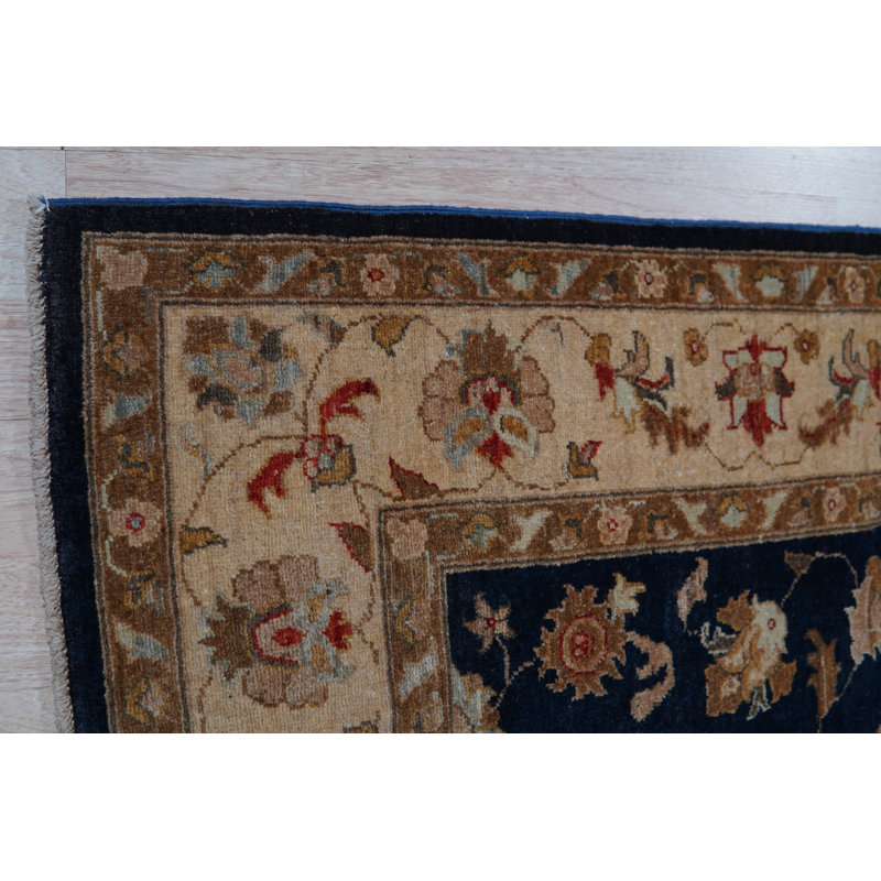 Tapis oriental rectangulaire en laine noué à la main bleu marine / brun / crème 7 pi x 8 pi