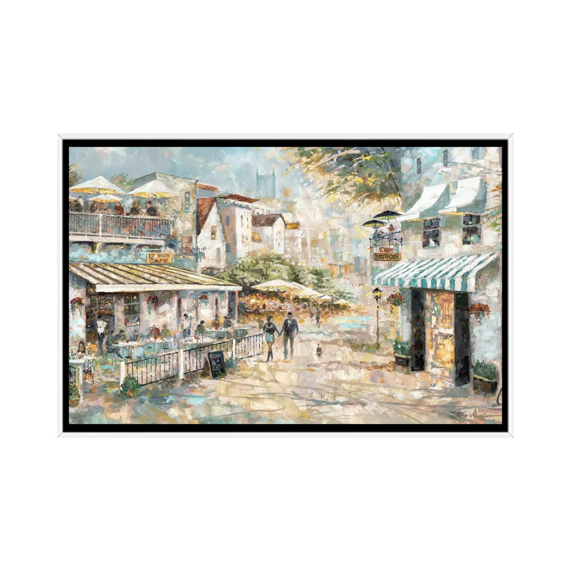 «Rooftop Café» par Ruane Manning - reproduction d'art, Aucun mat, H 26 po x l 40 po x P 1,5 po, Toile blanche encadrée