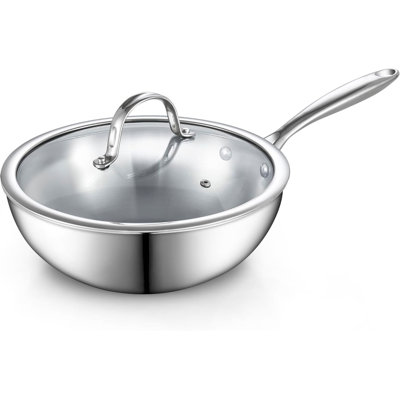 Cooks Standard Multi-Ply Clad 10.5 inch Stainless Steel Wok with Lid, Flat Bottom Wok Stir Fry Pan, Deep Frying Pan, Dishwasher & Oven Safe, Induction Ready, Compatible with All Cooktops
