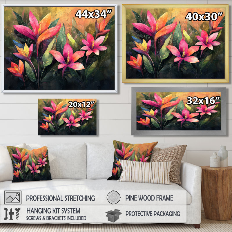 «Vintage Birds Of Paradise Tropical Symphony I», art mural oiseaux du paradis, Noir, H 12 po x l 20 po, Cadre flottant