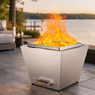 25 Inch Smokeless Fire Pit with Pull-Out Ash Pan, Stainless Steel Portable Outdoor Firepit Low Smoke Design for Backyard Patio Camping, Silver