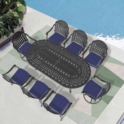 Ensemble de salle Ã  manger en aluminium moulÃ© de 9 piÃ¨ces, rÃ©sistant aux intempÃ©ries, comprenant 2 chaises pivotantes, 6 chaises de salle Ã  manger et une table ovale avec cadre noir
