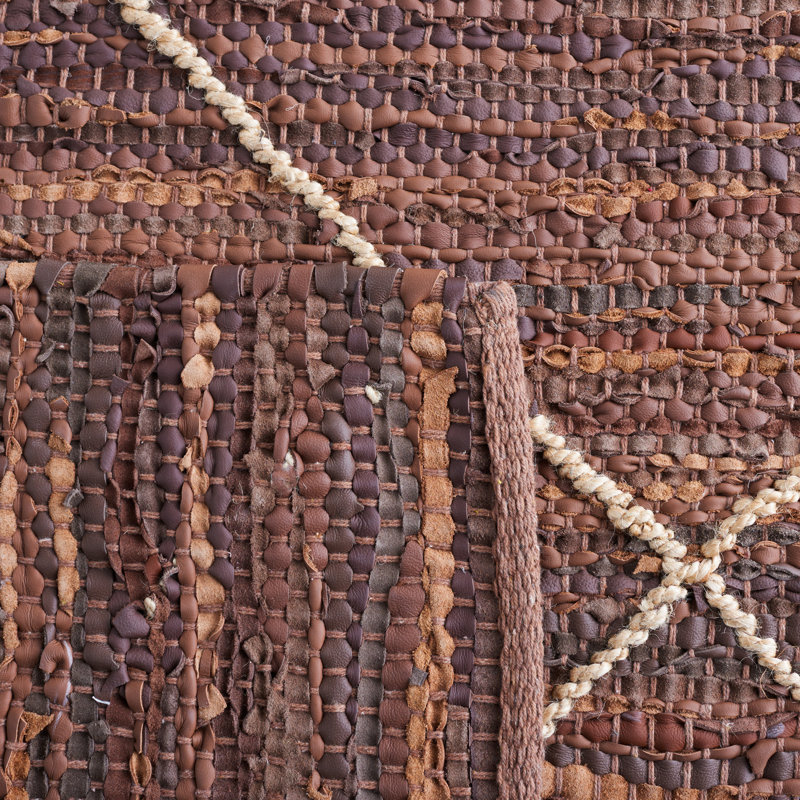 Vintage Leather Hand Woven Leather/Jute/Cotton Geometric Rug in Brown/Natural, Square 6'