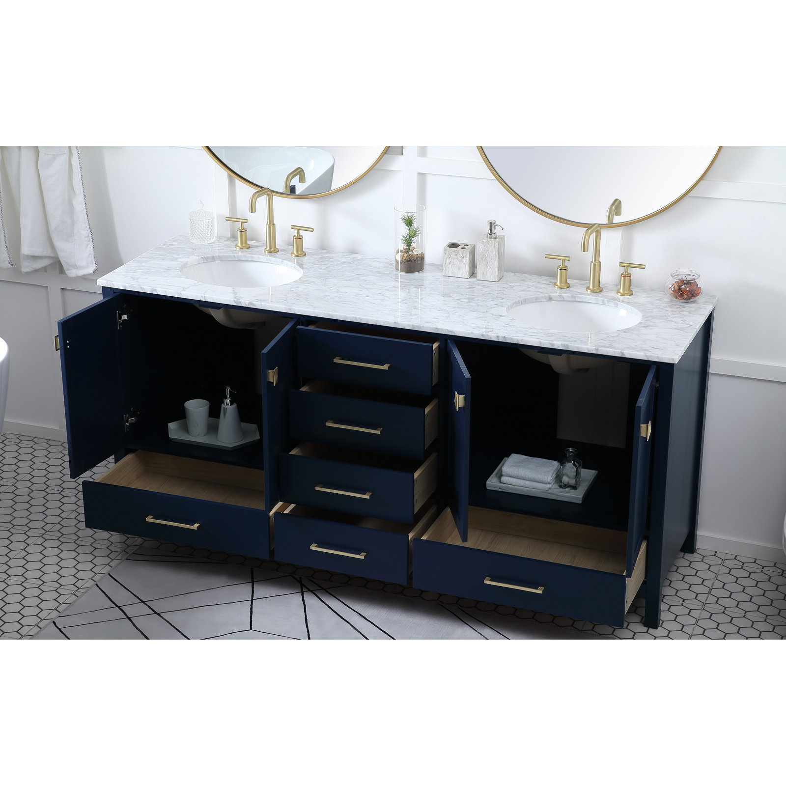 Hines 72'' Double Bathroom Vanity, Calacatta Quartz, Blue