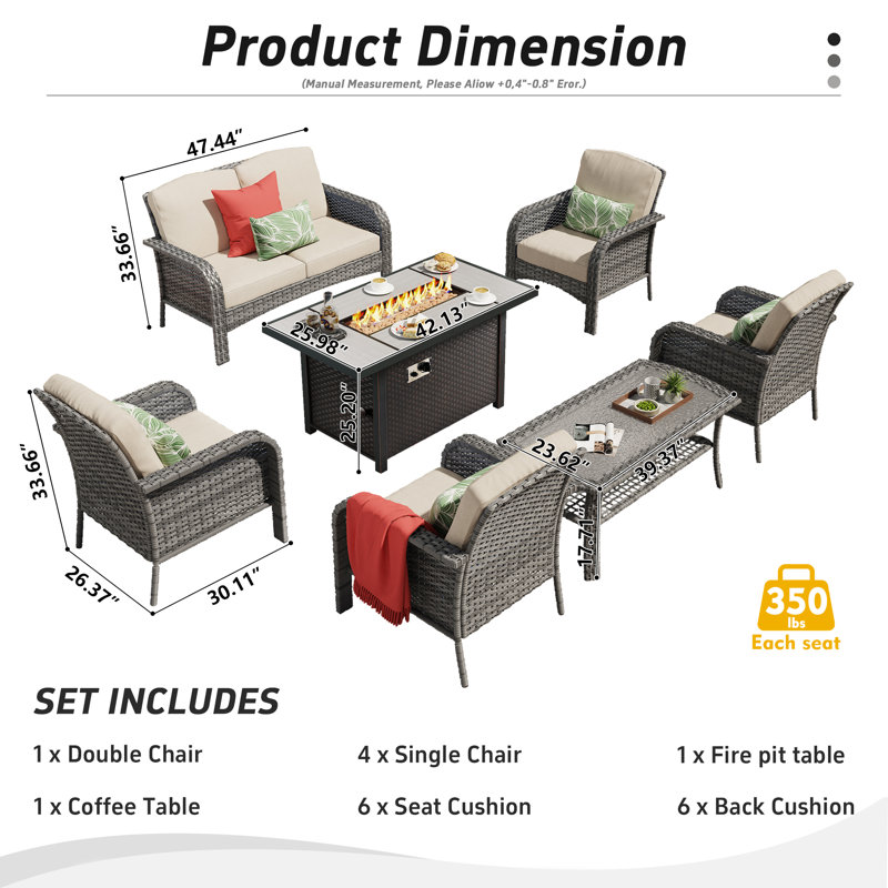 7 Piece Sofa Seating Group with fire pit and Cushions, Beige