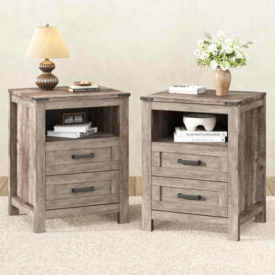 Farmhouse 18" End Table Set Of 2, Wooden Bedside Table With 2 Storage Drawers And Open Compartment For Living Room, Bedroom, Antique Gray
