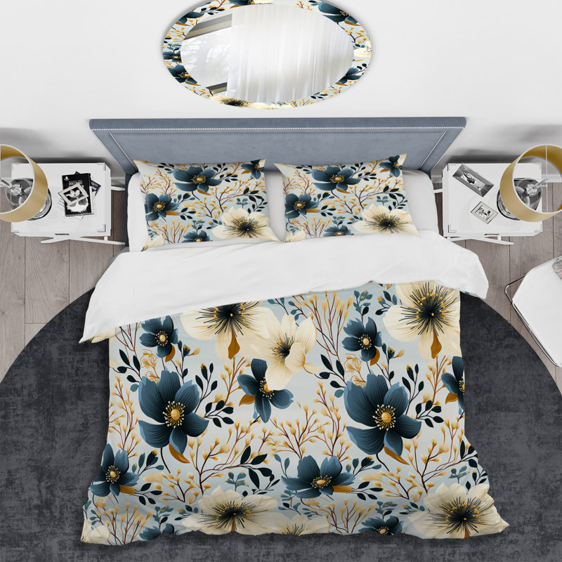 Ensemble de housse de couette à motif floral bleu et ivoire, Housse de couette pour grand lit et 2 taies décor