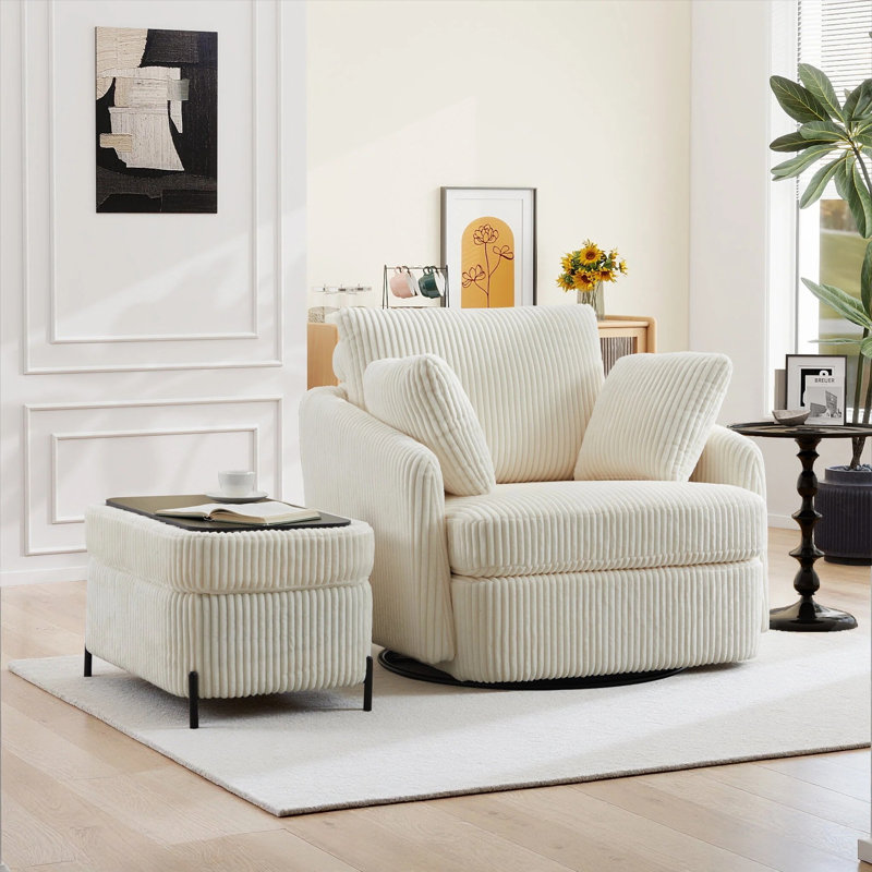 Fauteuil pivotant rembourré avec repose-pieds l 40,53 po, Velours côtelé ivoire