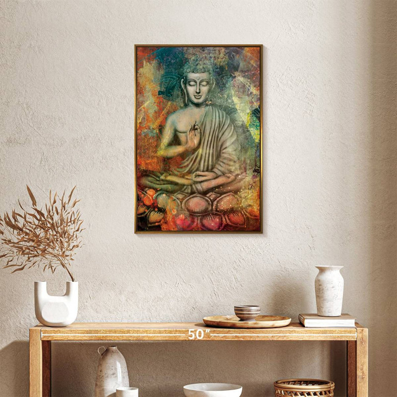 Bouddha assis en couleurs, Cadre flottant doré, 21 po x 31 po