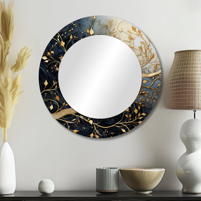 Golden Branch Tree Luminous Leave - Grey light Blue Floral  Wall Mirror, Modern Mirror, Printed Metal Art