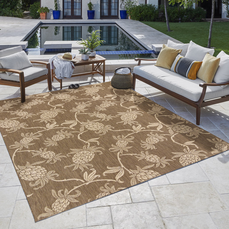 Reyn Spooner Aloha Welcome Tan/Brown/Beige Tropical Pineapple Flatweave Indoor/Outdoor Area Rug, Rectangle 8'9" W x 13' L
