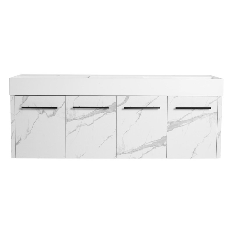 Meuble-lavabo mural 60 po avec lavabo, lavabo en résine épaisse à double rebord, ensemble KD, Blanc