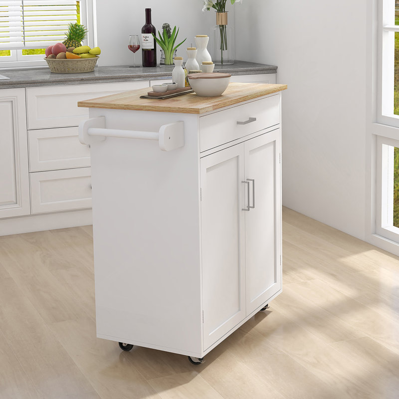 Îlot de cuisine avec chariot à roulettes et plateau en bois d'hévéa