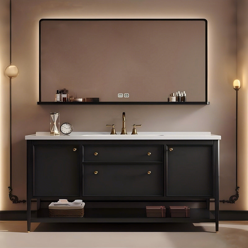 Meuble-lavabo autoportant en bois d'hévéa noir et blanc de 47,24 po avec miroir intelligent, 47"