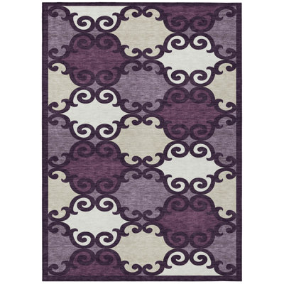 10' X 14' Eggplant And Ivory Trellis Washable Indoor Outdoor Area Rug