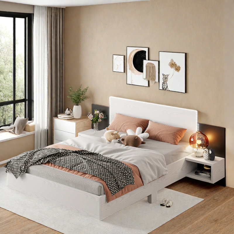 Wooden Floating Platform Bed With Led Lights And Built-in Nightstands, White, Queen