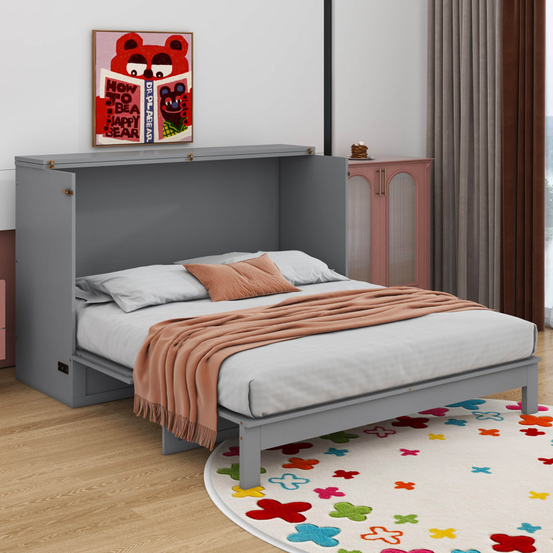 Murphy Bed With Large Drawers, Gray, Queen