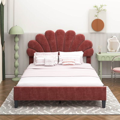 Lit plateforme tapissier avec tête de lit en velours à motif floral