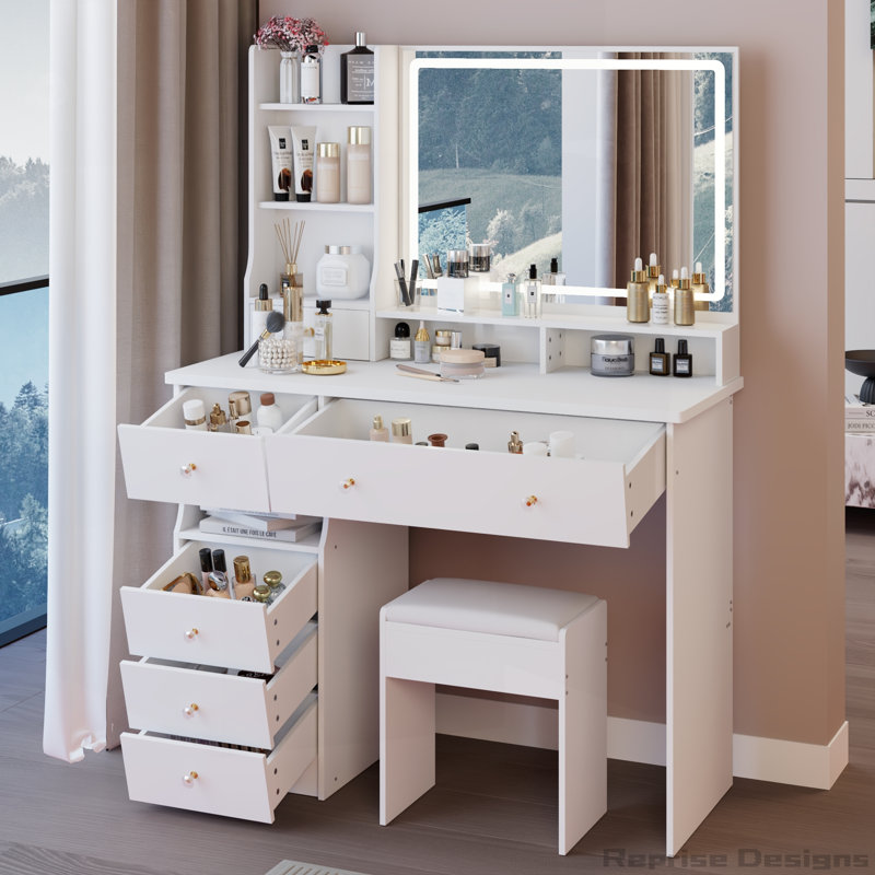 Ensemble de meuble-lavabo de 41 po avec tabouret rembourré et miroir à DEL tactile de 41 po, Blanc