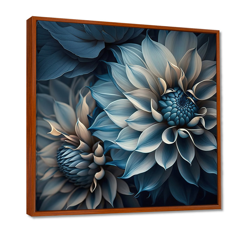 Dahlia fleurs bleu et blanc II - art mural Dahlia pour le salon, H 16 po x l 16 po, Cadre flottant brun