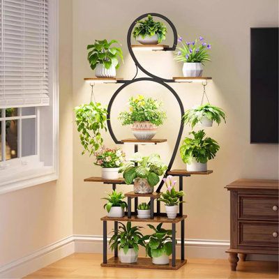 Support à plante d'intérieur avec lumière de croissance, 9 tablettes de plantes d'intérieur de 63 po de hauteur pour plusieurs plantes, grande tablette de plante en métal, support de plante lumineuse pour l'intérieur, balcon, salon