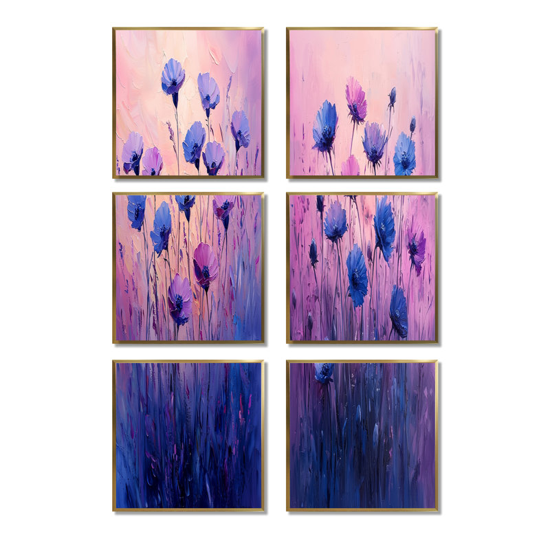Rêvant de champs de bleuet en mauve - ensemble de 6 impressions murales florales, Impression encadrée sans passe-partout