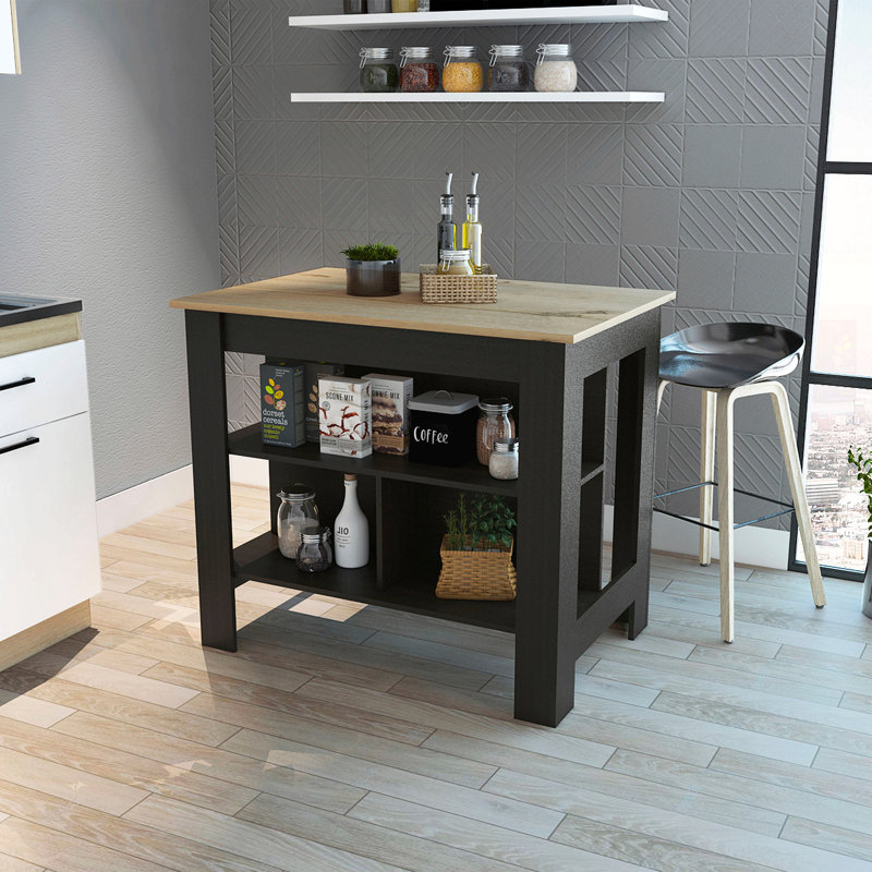 Cala 3-Shelf Wooden Kitchen Island, Black/Light Oak