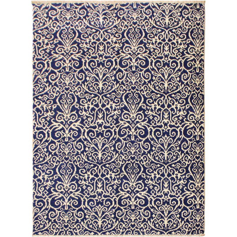Tapis bleu / ivoire en laine noué à la main à motif floral Aadhya