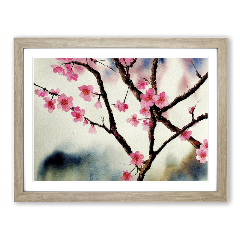 Cherry Blossom Watercolour Flowers Vol.4 - Framed Print, 46cm H x 64cm W x 2cm D, Oak