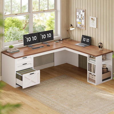 L-Shaped Computer Desk with Built-In Electrical Outlet