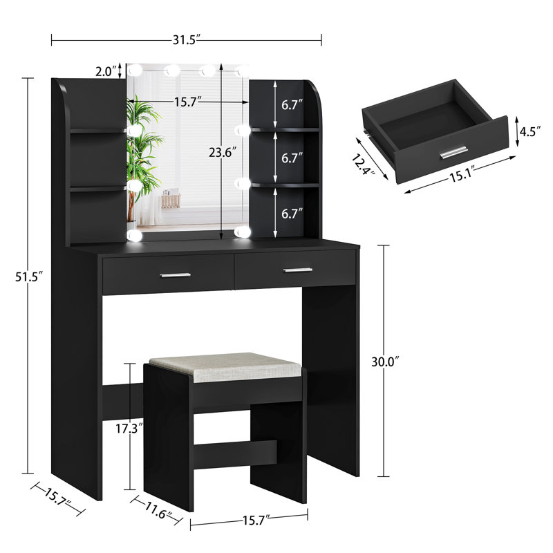 Ensemble coiffeuse avec 2 tiroirs Victorene, Noir