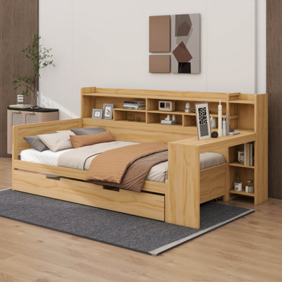 Lit de jour polyvalent en bois avec tablettes de rangement gigogne et bureau d'étude intégré