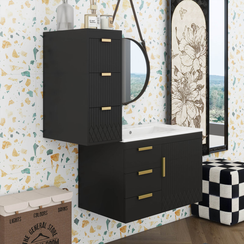 Ensemble de meuble-lavabo mural 30 po avec lavabo en céramique, ensemble d'armoire de salle de bain avec armoire latérale, porte à fermeture en douceur et tiroirs