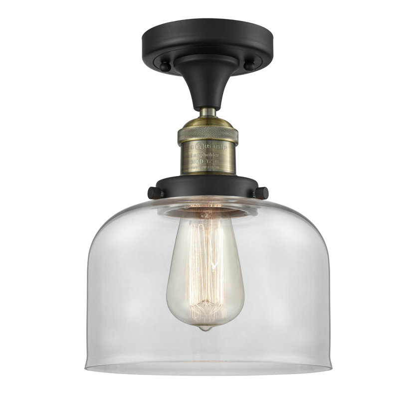 Bell - 1 Light 8" Semi-Flush Mount, Clear, 6 Watt Vinage LED Bulb, Black Antique Brass