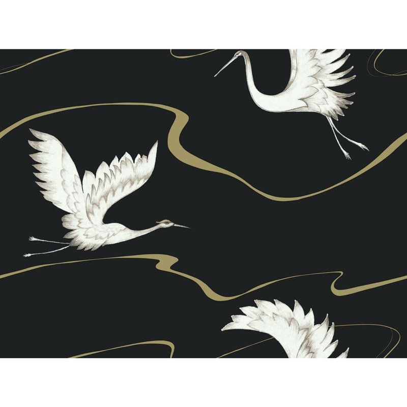 Rouleau de papier peint L 27 pi x l 27 po Soaring Cranes, Noir et or