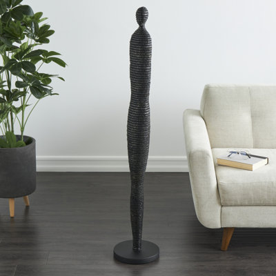 Black Polystone Tall Slim Figure People Decorative Sculpture with Ribbed Body and Glitter Accents