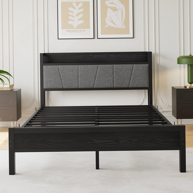 Queen Size Bed Frame, Storage Headboard with Charging Station, Solid and Stable
