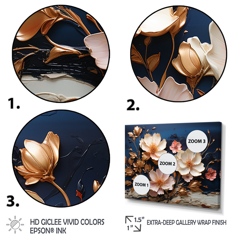 Fleurs blanches et bleues coquelicots I - art mural floral abstrait, Cadre d'angle fermé doré, H 34 po x l 44 po x P 1,5 po