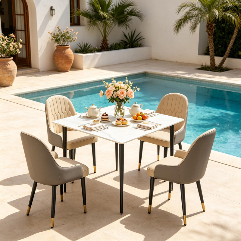Dining Set, White, Light Khaki/Grey