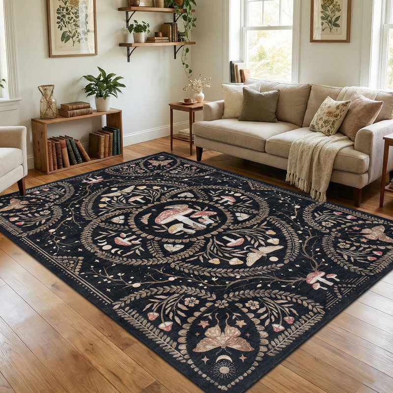Tapis à poils courts à motif champignon gothique pour salon, chambre et cuisine, Noir brun, 6 * 9 pi