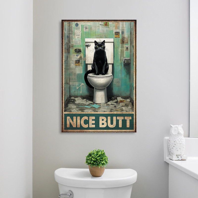 Chat noir dans la toilette, joli bout sur toile, impression, H 14 po x l 11 po x P 1,25 po