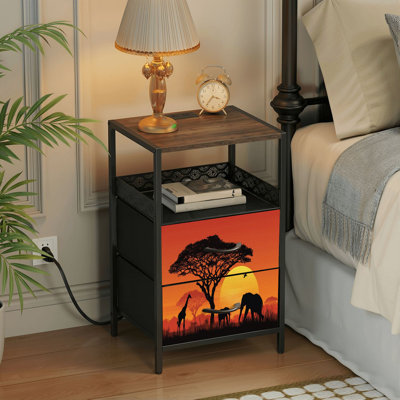 Table de chevet 2 tiroirs avec station de charge, table de chevet pour chambre avec ports USB et amp; Outlets, tablette ouverte noire, table de chevet avec silhouettes noires, animaux d'Afrique, savane, impression orange