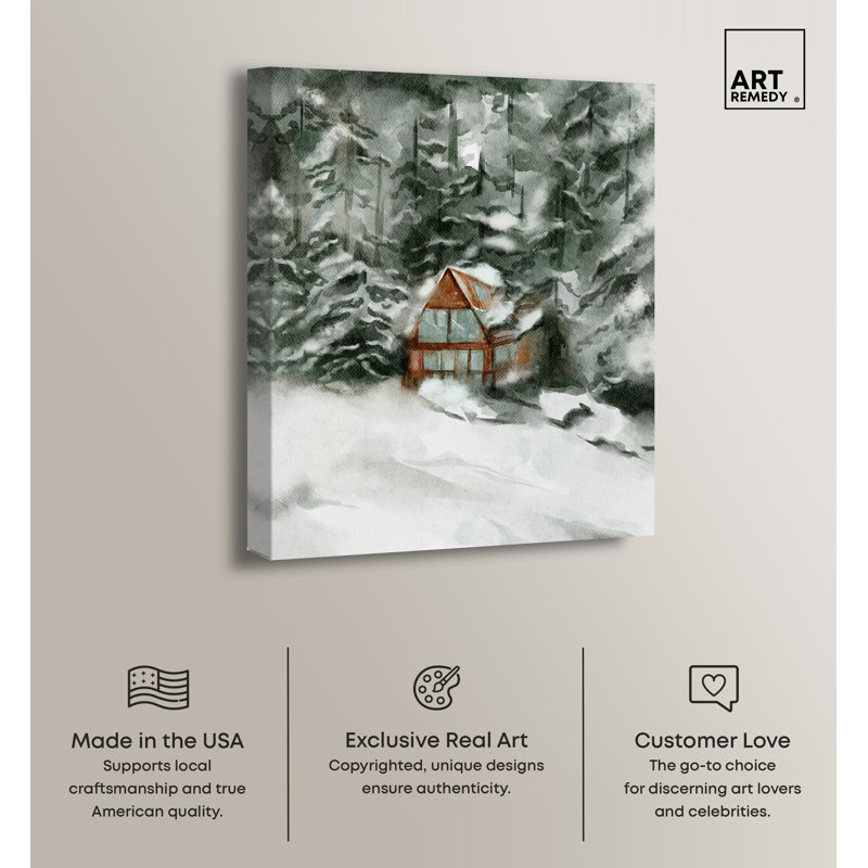 Winter Cabin in Snowy Forest Landscape Canvas Wall Art, 24" x 30"