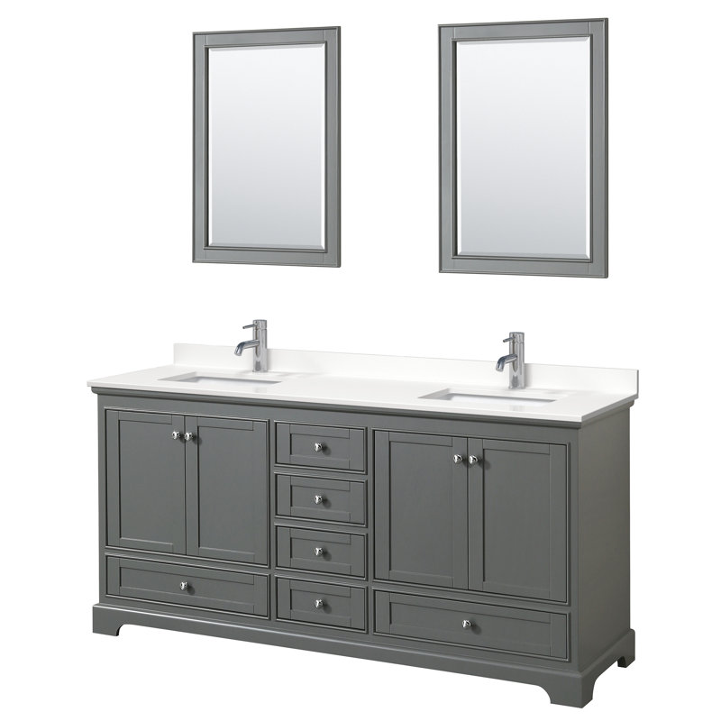 Meuble-lavabo double autoportant Deborah avec plateau en quartz, Quartz blanc, Gris foncé