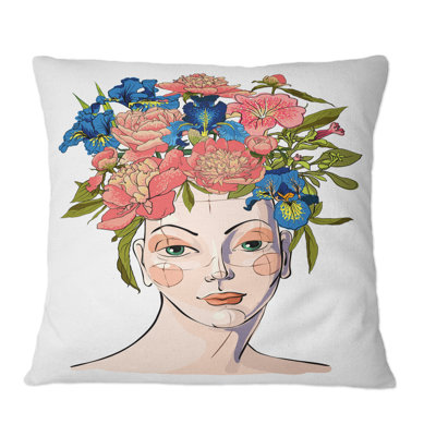 Portrait Of A Woman With Red Flower Garland I - Modern Printed Throw Pillow