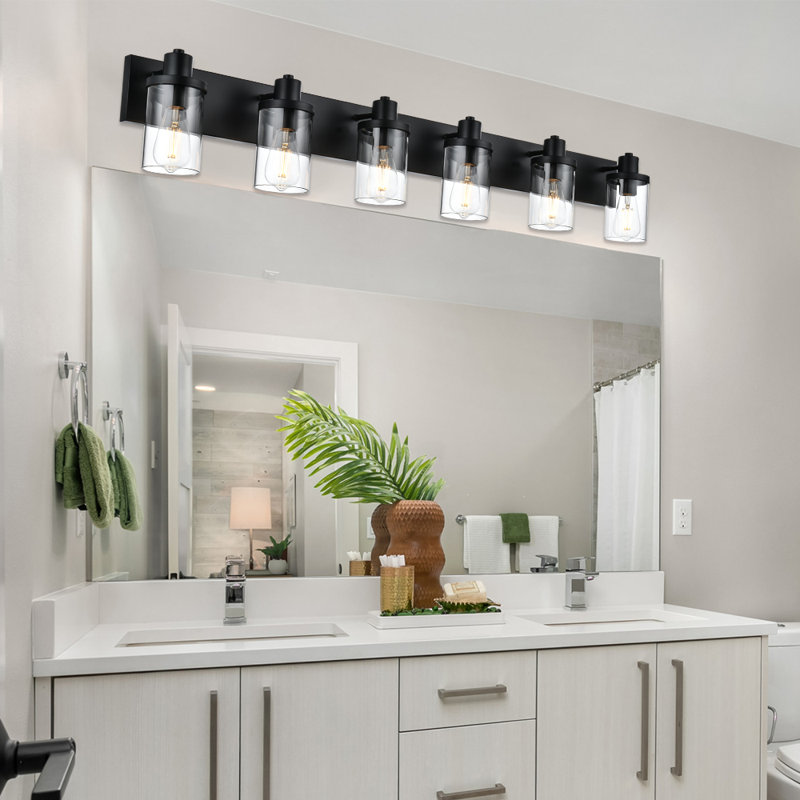 Rustic Wall Light Fixture In Matte Black Finish, 6 Light Bathroom Vanity Lighting With Clear Glass Shade, Modern Wall Lamp Sconces For Bedroom Living Room Hallway