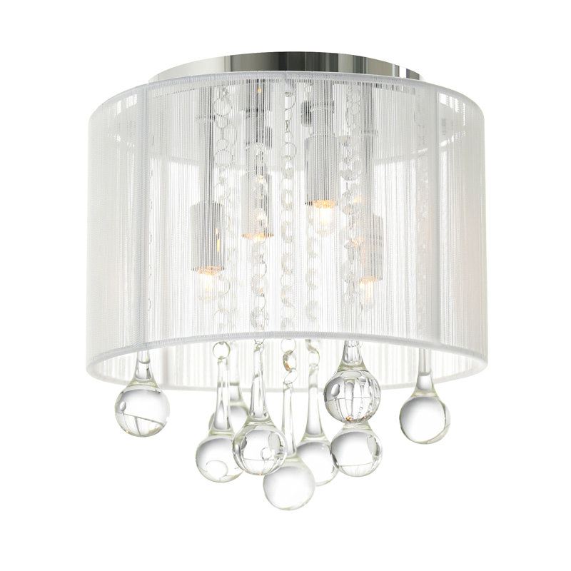 4 Light 10in Flush Mount Chrome Frame & White Shade with Crystal Drops, White