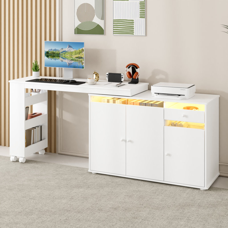 L-Shaped Computer Desk with Storage Cabinet, Drawer & Shelf, Rotating & Convertible Home Office Desk with LED Light, White